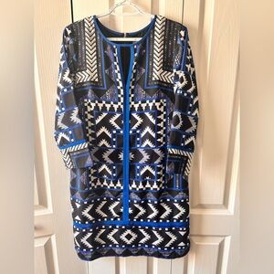 Vince Camuto Womens Dress 10 Blue White Patterned V Neck A Line Long Sleeve